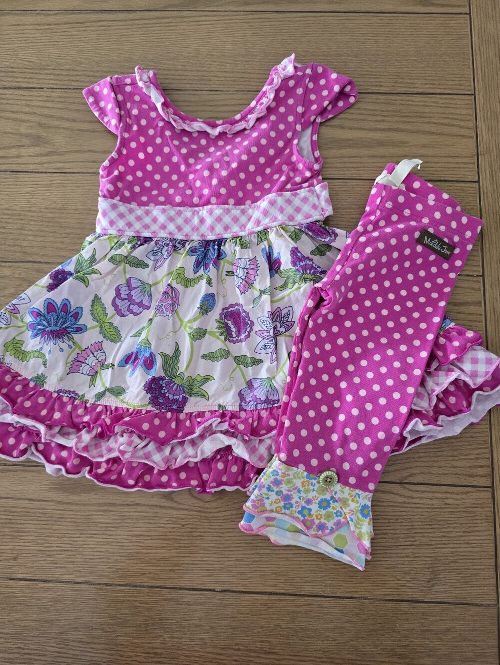 Matilda Jane Hot Pink Polka Dot Floral Dress & Leggings Set. Size 2